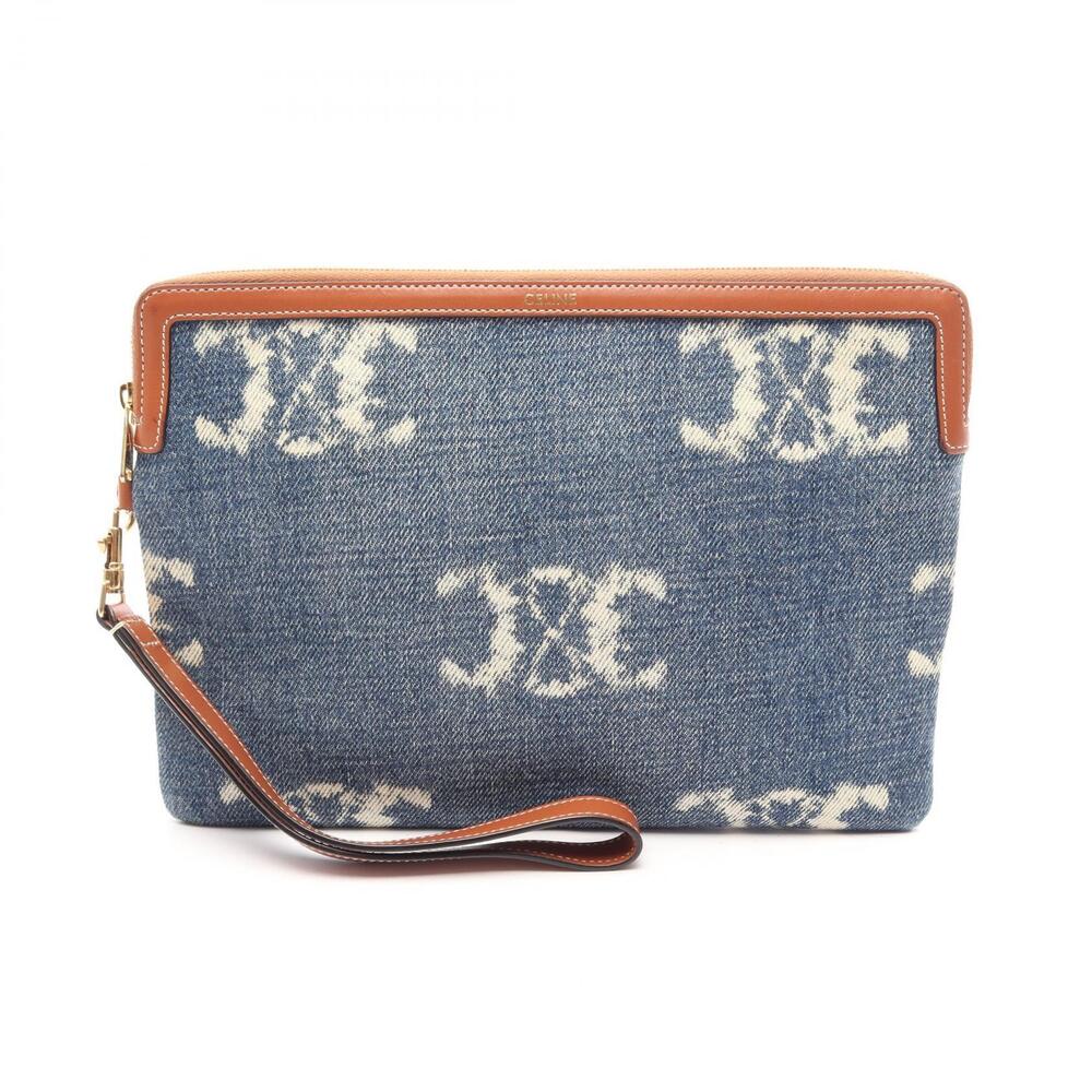 Celine Triomphe Shoulder Bag Clutch Denim Leather Navy Blue Brown